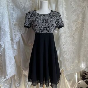 Vintage Laurence Kazar White & Black Floral Beaded Dress